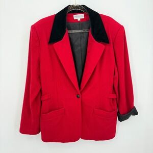 Vtg Jordan & Cole Blazer Women's L Red Wool Velvet Collar Made USA Career Preppy